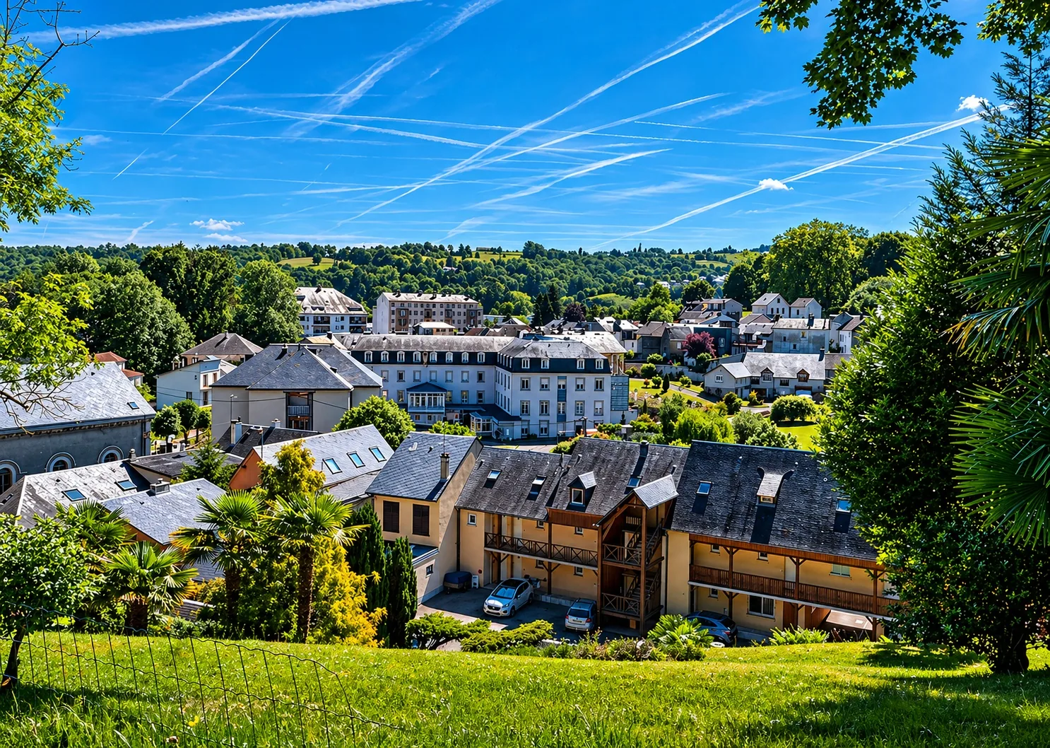 Vue panoramique de Bagnères-de-Bigorre, ville thermale au pied des Pyrénées, avec bâtiments, verdure et ciel bleu